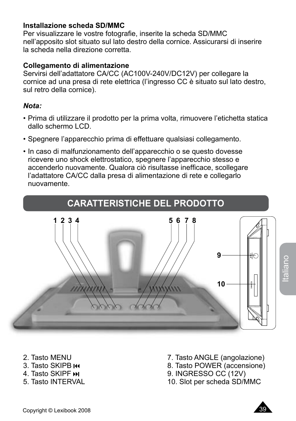 Caratteristiche del prodotto | Lexibook DF700BB / DF700SP / DF700HSM User Manual | Page 39 / 60