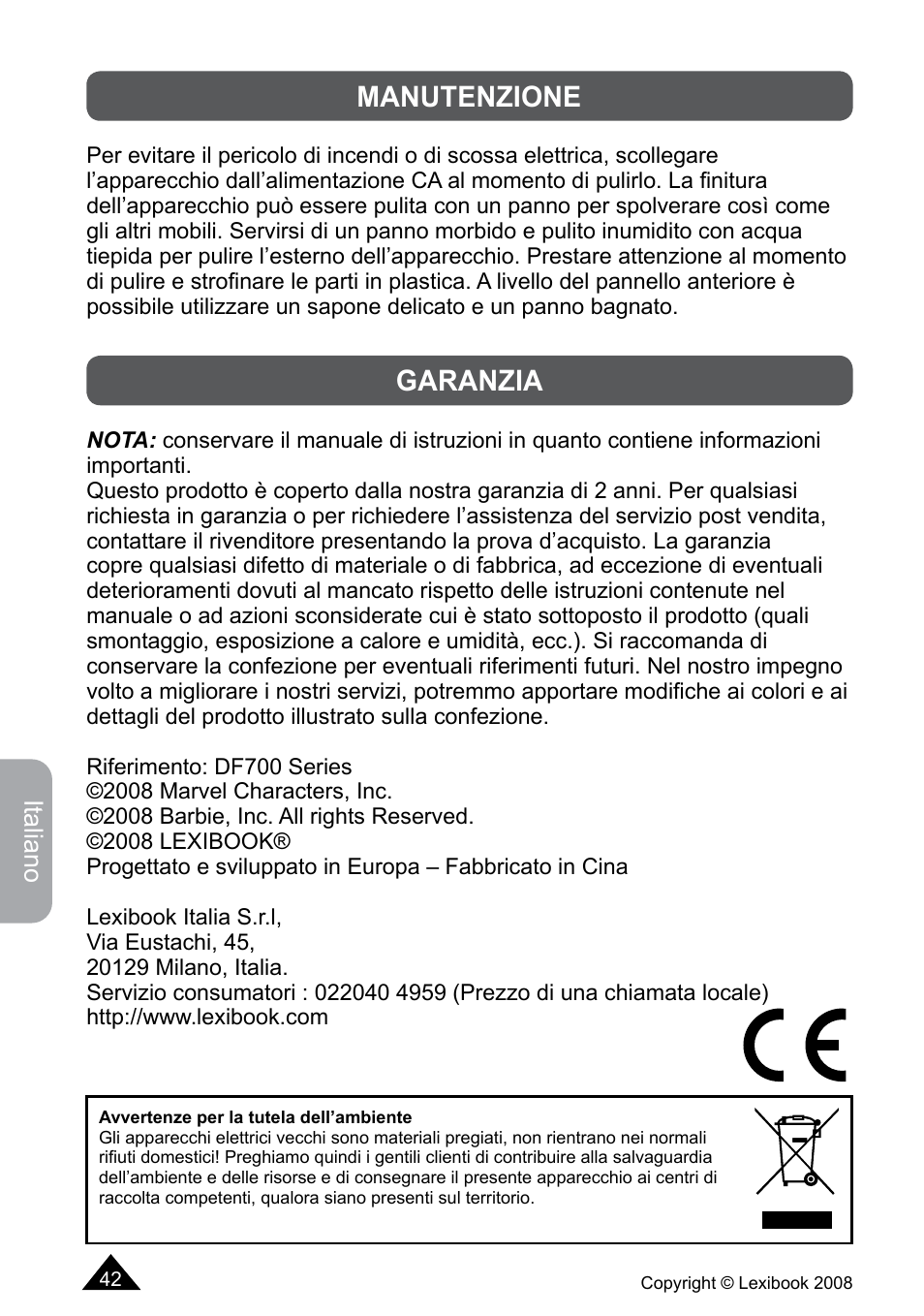 Manutenzione, Garanzia | Lexibook DF700BB / DF700SP / DF700HSM User Manual | Page 42 / 60