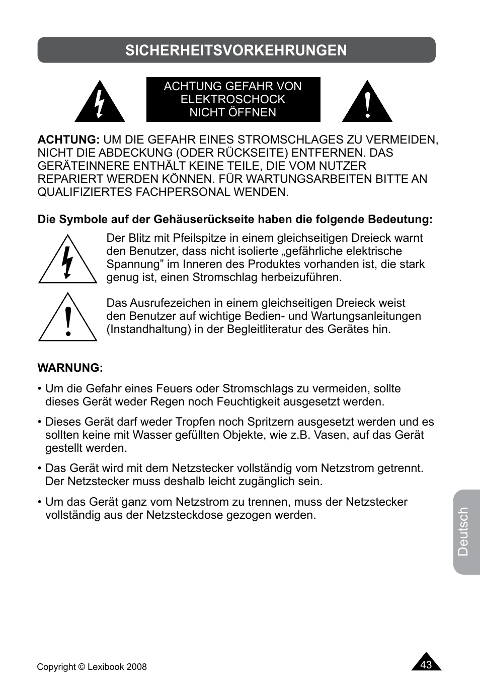 Sicherheitsvorkehrungen | Lexibook DF700BB / DF700SP / DF700HSM User Manual | Page 43 / 60
