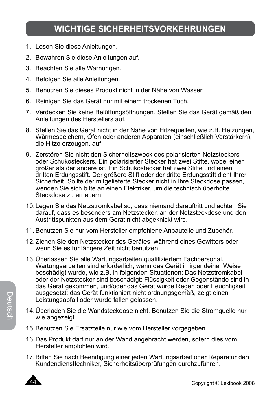 Wichtige sicherheitsvorkehrungen, Deutsch | Lexibook DF700BB / DF700SP / DF700HSM User Manual | Page 44 / 60