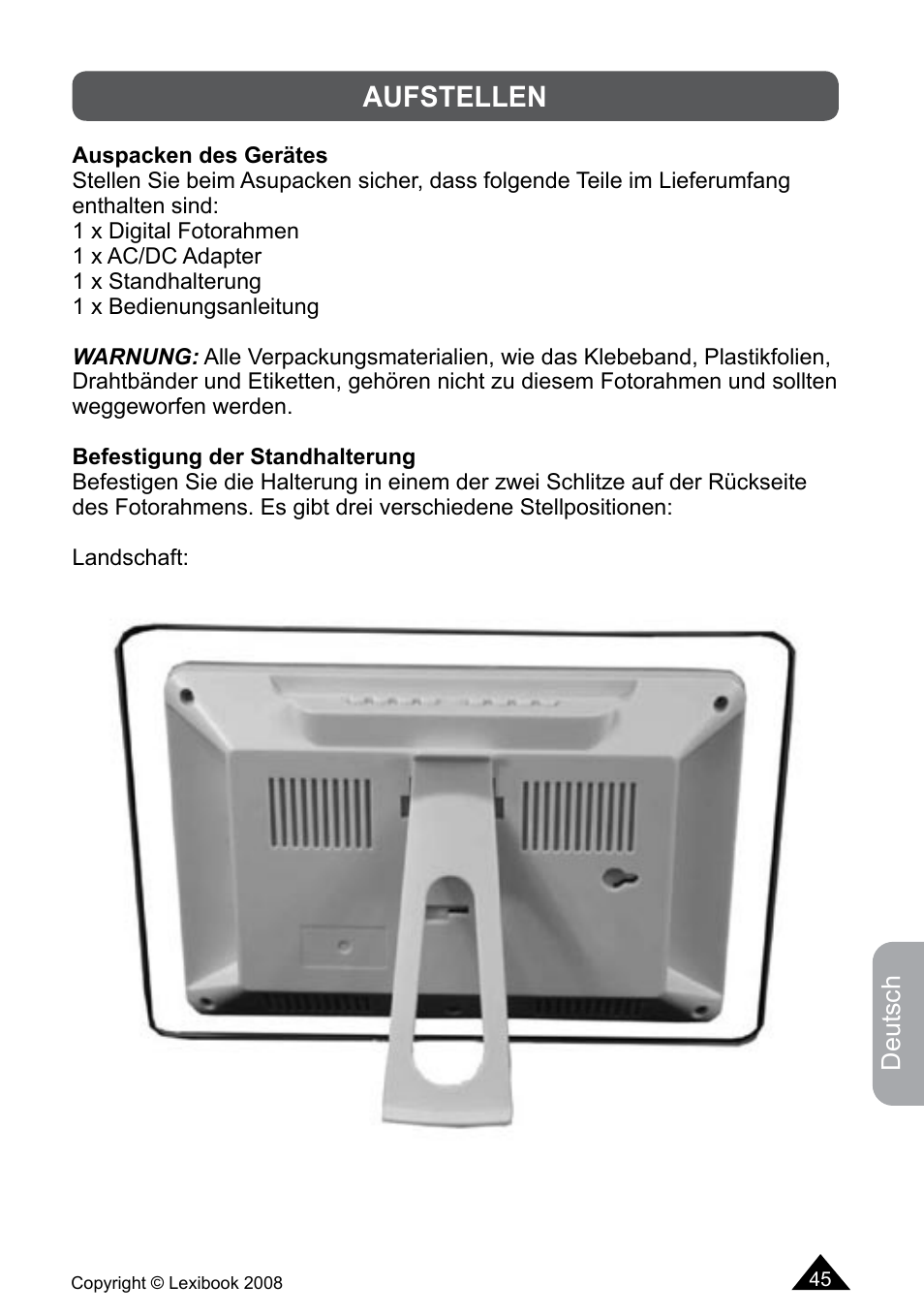 Aufstellen | Lexibook DF700BB / DF700SP / DF700HSM User Manual | Page 45 / 60