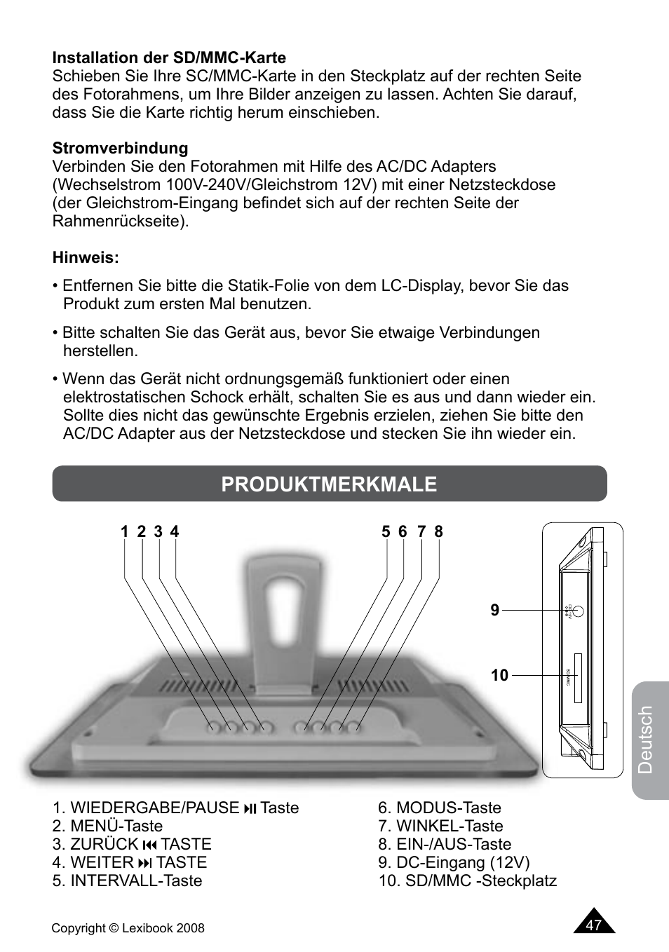 Produktmerkmale | Lexibook DF700BB / DF700SP / DF700HSM User Manual | Page 47 / 60