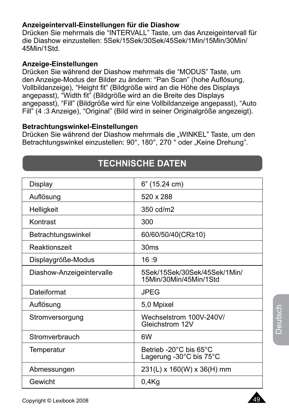 Technische daten | Lexibook DF700BB / DF700SP / DF700HSM User Manual | Page 49 / 60