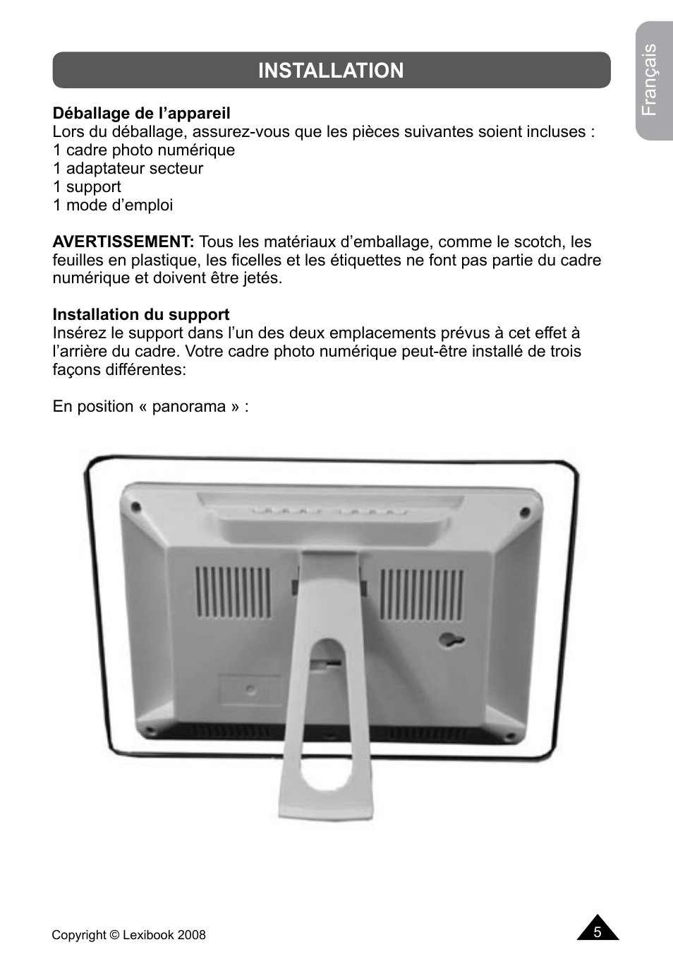 Installation | Lexibook DF700BB / DF700SP / DF700HSM User Manual | Page 5 / 60