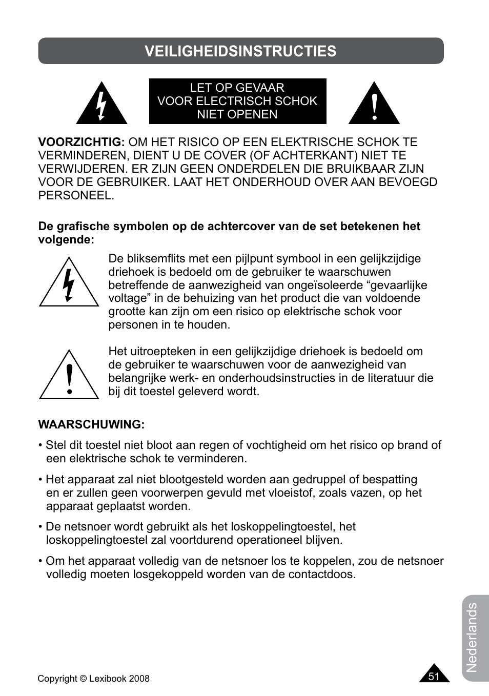 Veiligheidsinstructies | Lexibook DF700BB / DF700SP / DF700HSM User Manual | Page 51 / 60