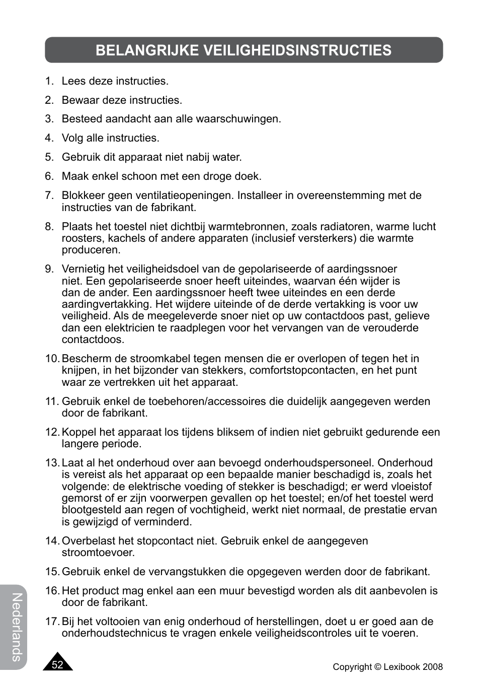 Belangrijke veiligheidsinstructies, Nederlands | Lexibook DF700BB / DF700SP / DF700HSM User Manual | Page 52 / 60