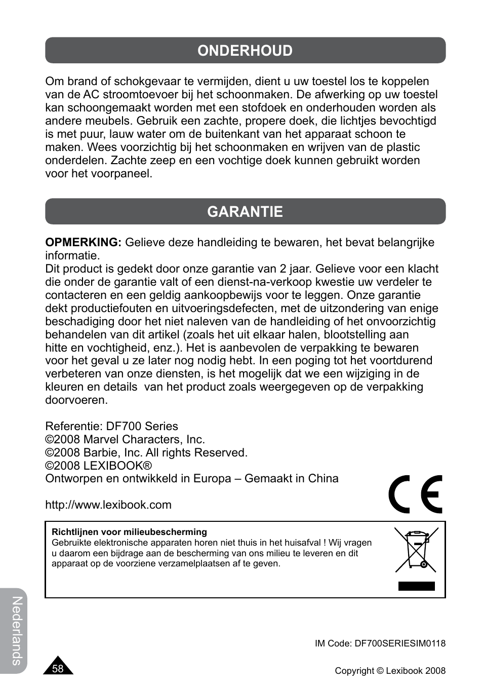 Onderhoud, Garantie | Lexibook DF700BB / DF700SP / DF700HSM User Manual | Page 58 / 60