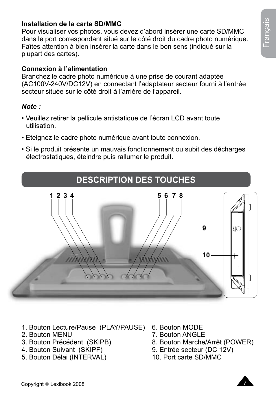 Description des touches | Lexibook DF700BB / DF700SP / DF700HSM User Manual | Page 7 / 60