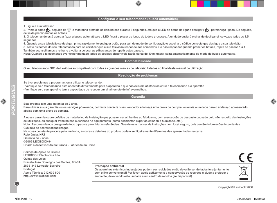 Por tuguês | Lexibook NR1 User Manual | Page 10 / 18