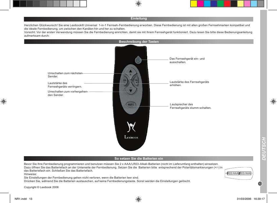 Deutsch | Lexibook NR1 User Manual | Page 13 / 18