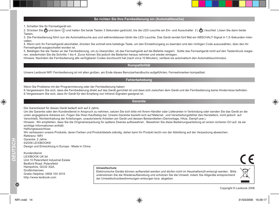 Deutsch | Lexibook NR1 User Manual | Page 14 / 18