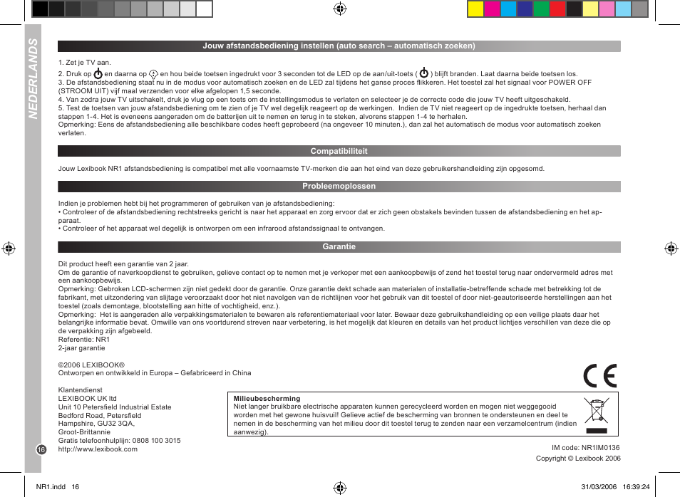 Nederlands | Lexibook NR1 User Manual | Page 16 / 18