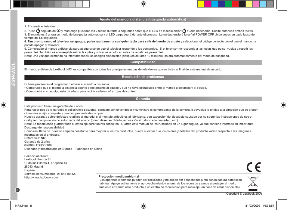 Esp añol | Lexibook NR1 User Manual | Page 8 / 18