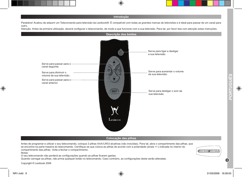 Por tuguês | Lexibook NR1 User Manual | Page 9 / 18