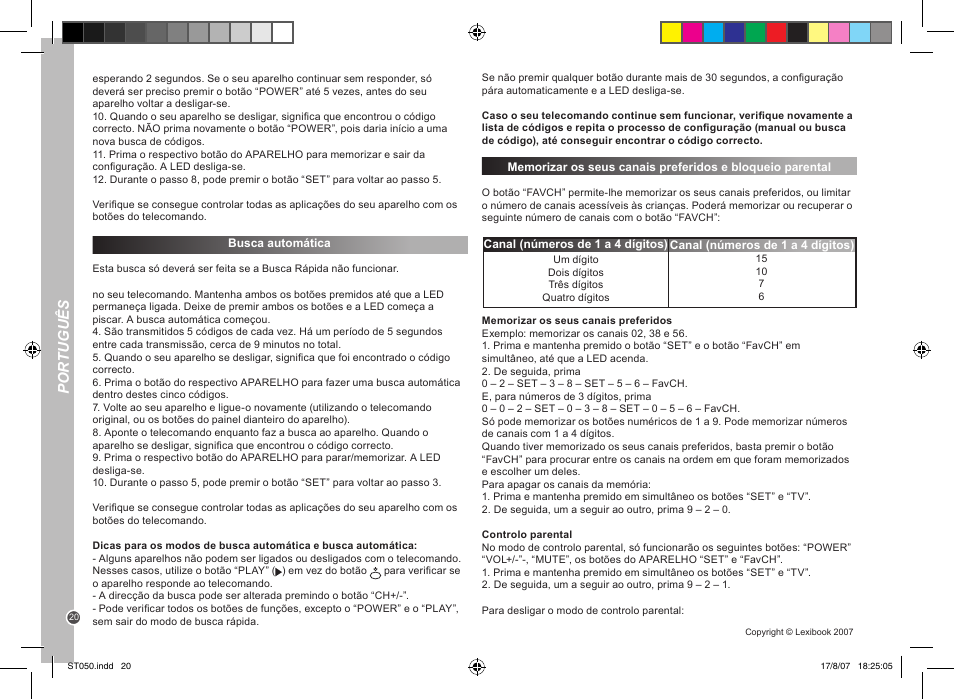 Por tuguês | Lexibook ST050 User Manual | Page 20 / 51