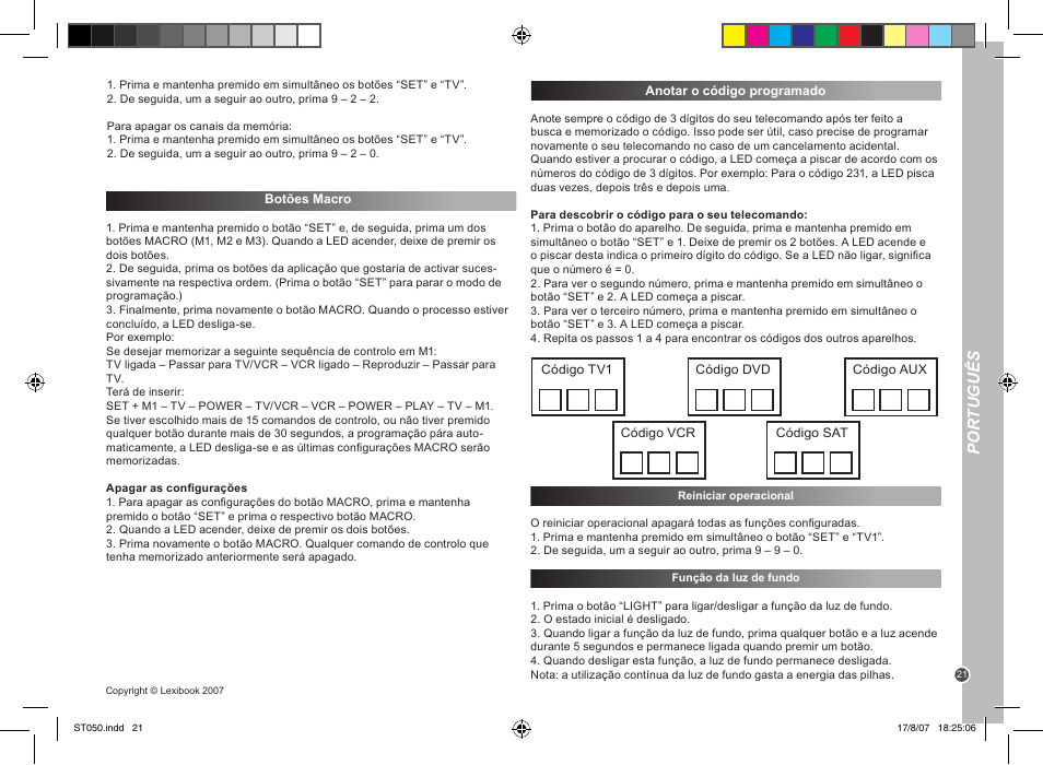 Por tuguês | Lexibook ST050 User Manual | Page 21 / 51
