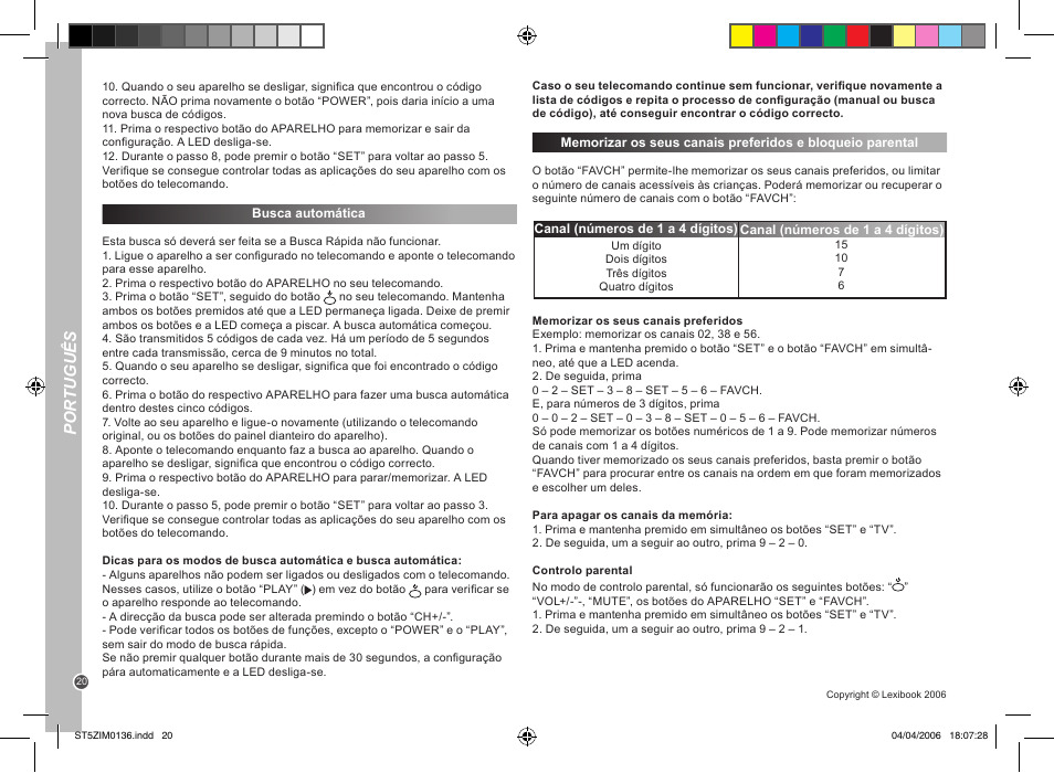 Por tuguês | Lexibook ST5Z User Manual | Page 20 / 51