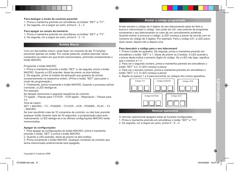 Por tuguês | Lexibook ST5Z User Manual | Page 21 / 51