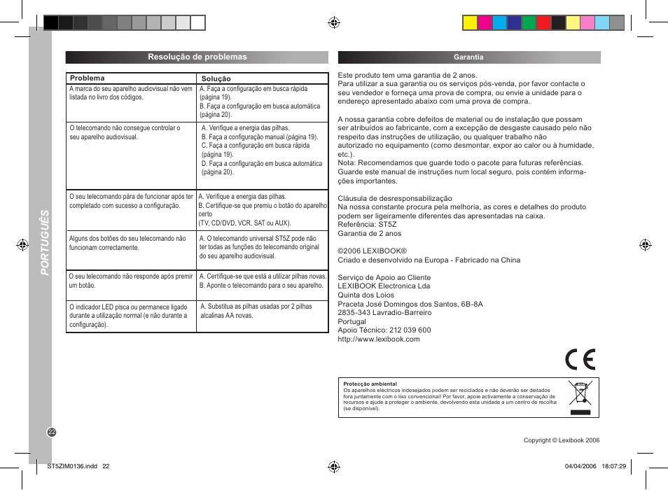 Por tuguês | Lexibook ST5Z User Manual | Page 22 / 51