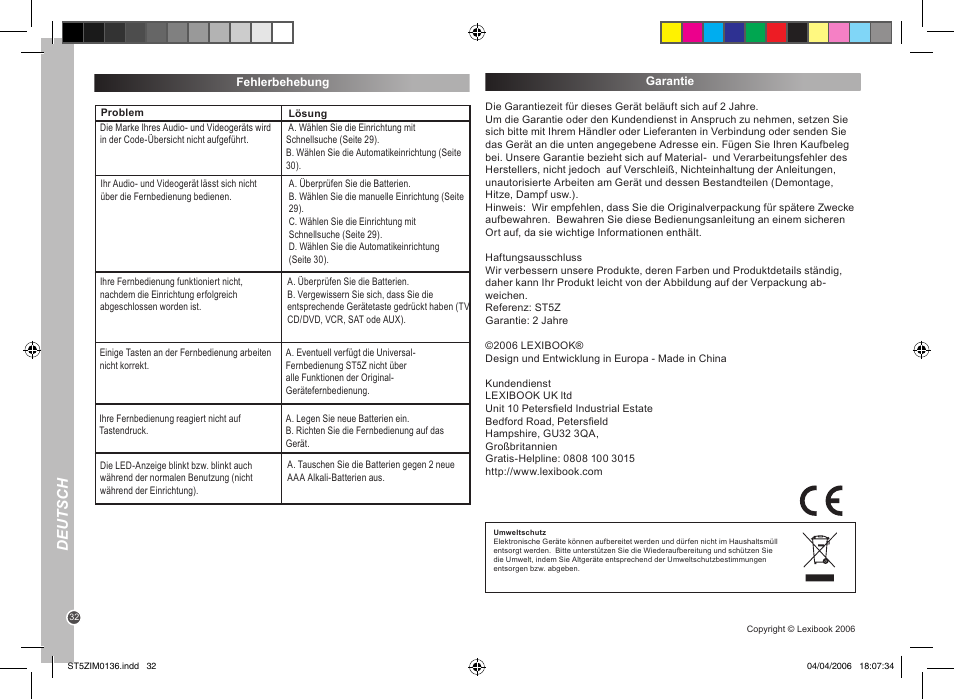 Deutsch | Lexibook ST5Z User Manual | Page 32 / 51