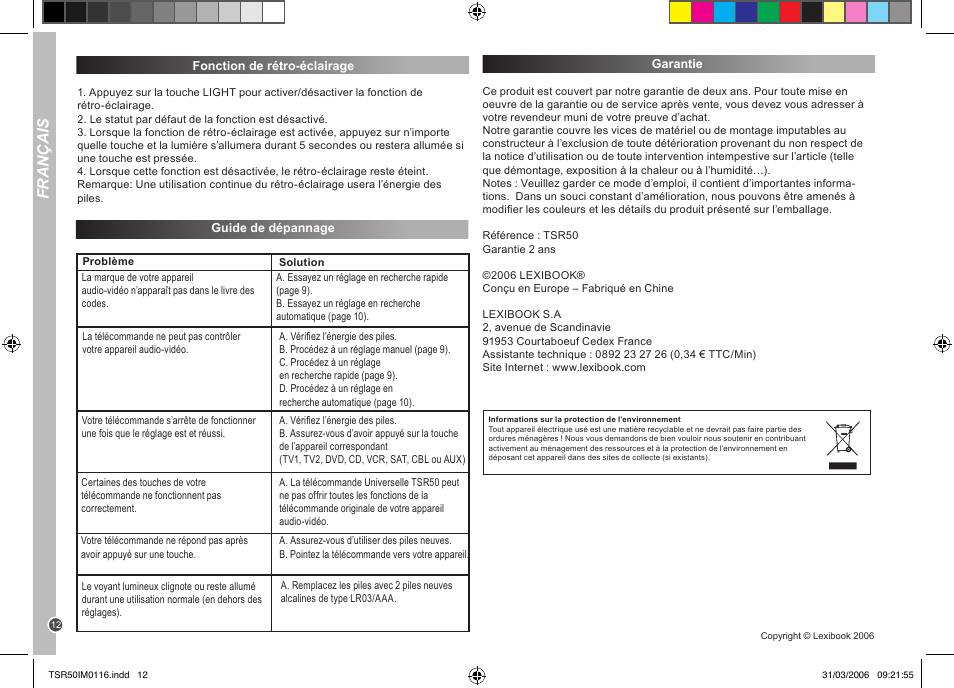 Français | Lexibook TSR50 User Manual | Page 12 / 51