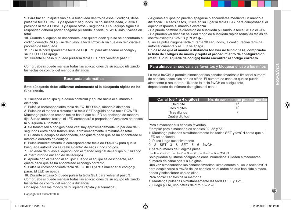 Esp añol | Lexibook TSR50 User Manual | Page 15 / 51