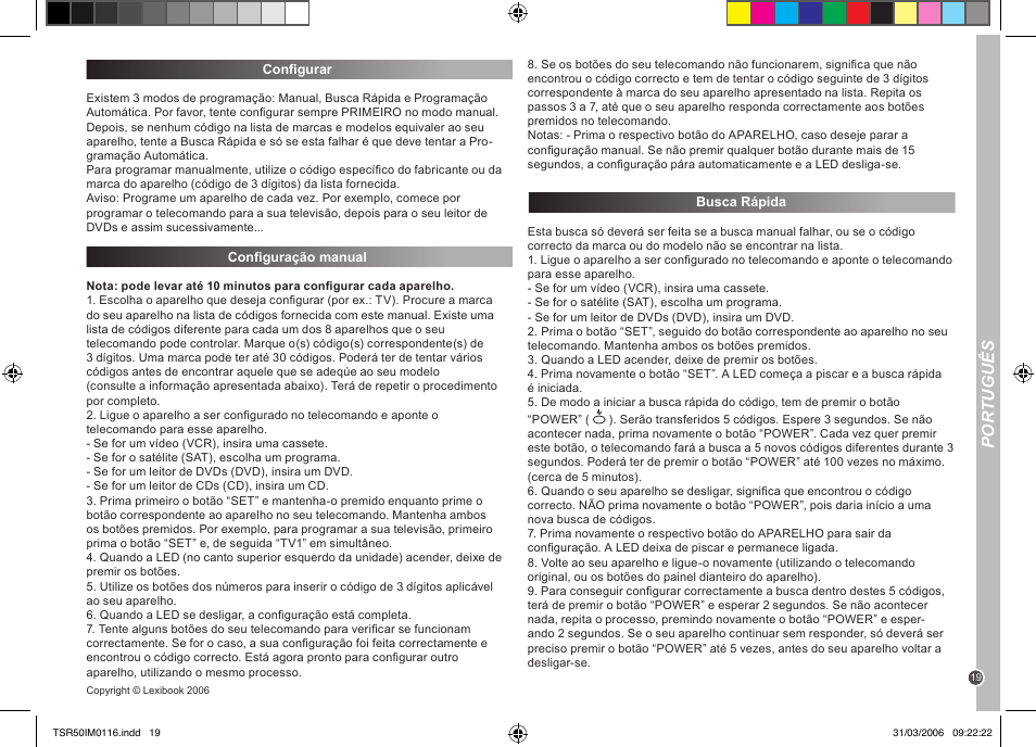 Por tuguês | Lexibook TSR50 User Manual | Page 19 / 51