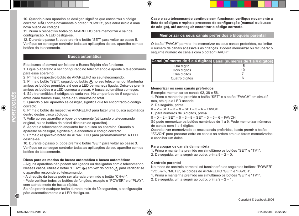 Por tuguês | Lexibook TSR50 User Manual | Page 20 / 51