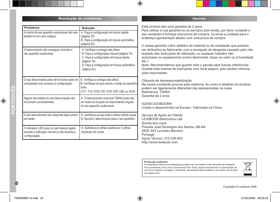 Por tuguês | Lexibook TSR50 User Manual | Page 22 / 51