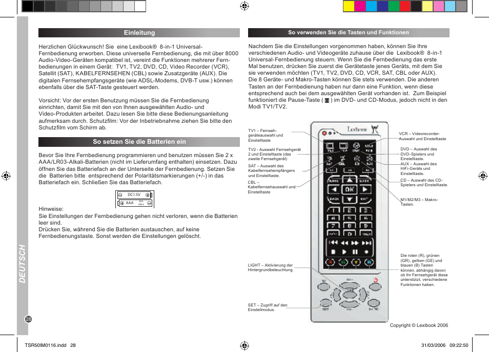 Deutsch, Einleitung, So setzen sie die batterien ein | Lexibook TSR50 User Manual | Page 28 / 51