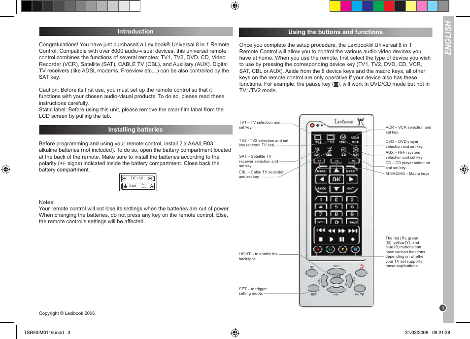 English, Introduction, Installing batteries | Using the buttons and functions | Lexibook TSR50 User Manual | Page 3 / 51
