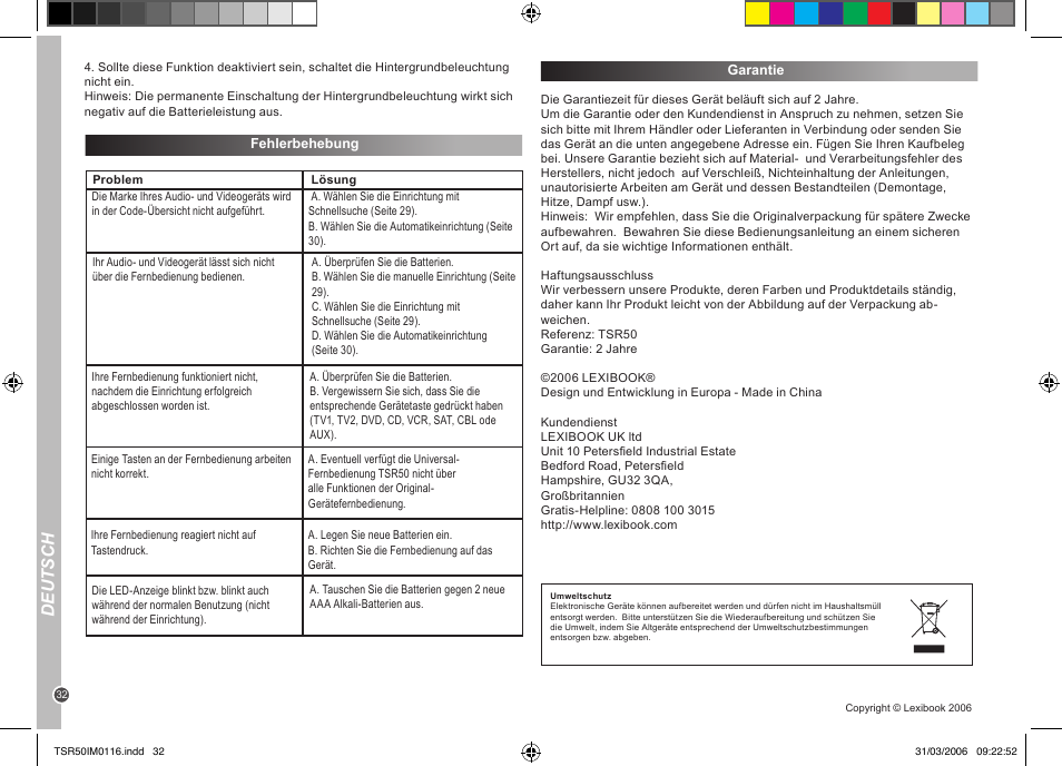 Deutsch | Lexibook TSR50 User Manual | Page 32 / 51