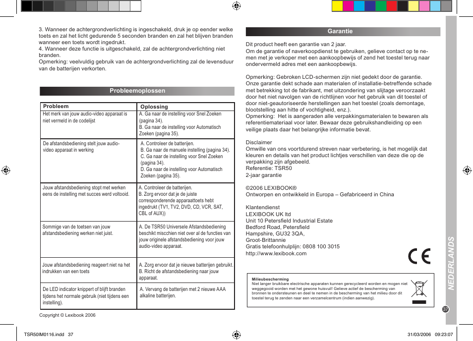 Nederlands | Lexibook TSR50 User Manual | Page 37 / 51