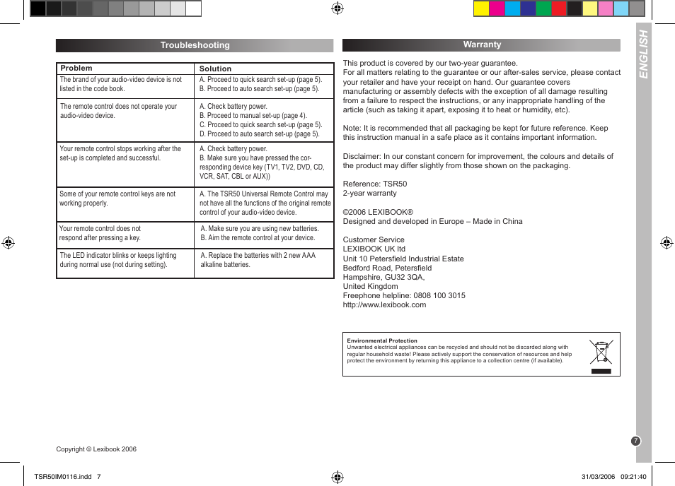 English | Lexibook TSR50 User Manual | Page 7 / 51