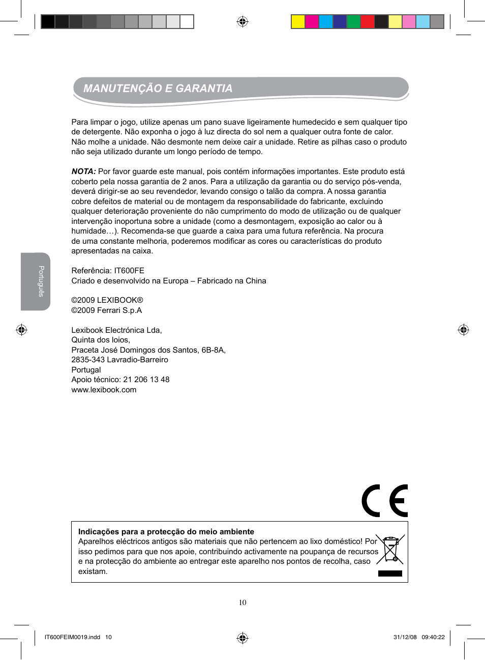 Manutenção e garantia | Lexibook IT600FE User Manual | Page 10 / 20