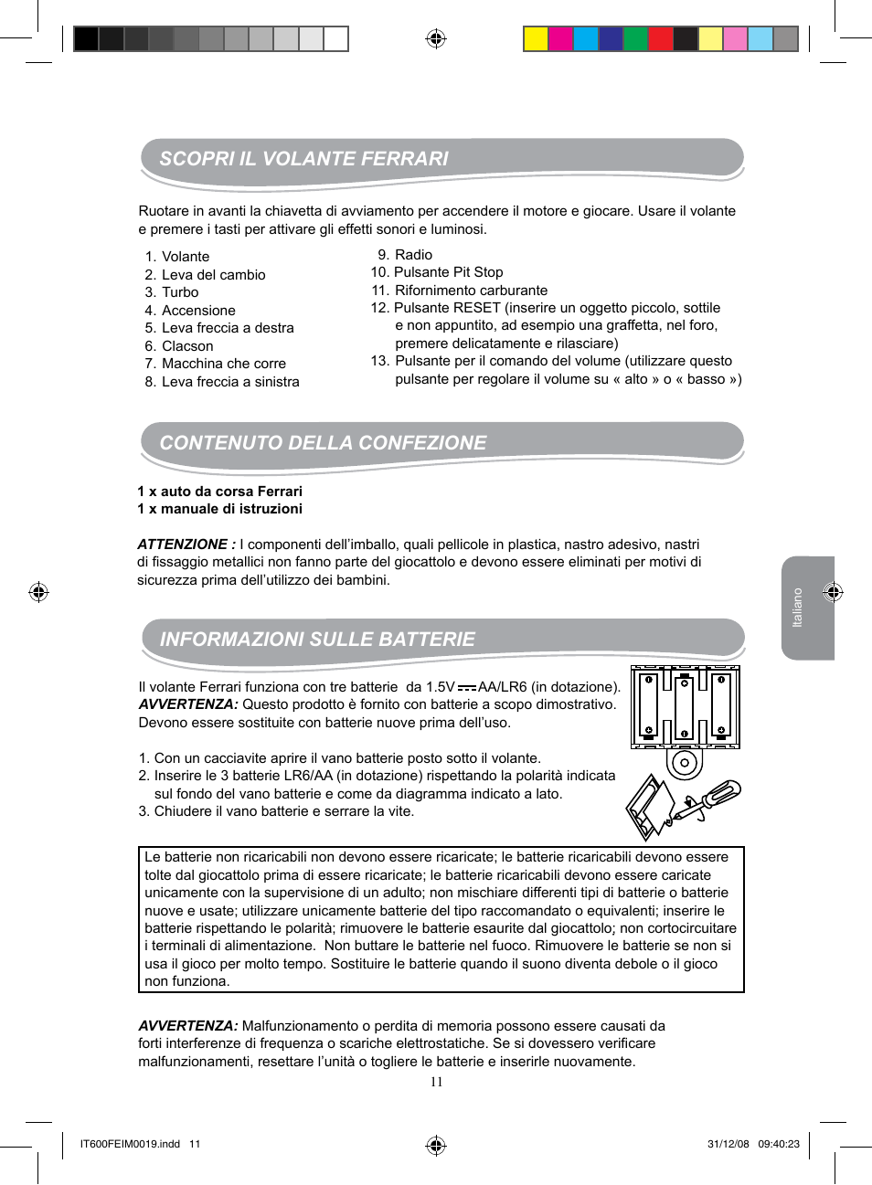 Scopri il volante ferrari, Contenuto della confezione, Informazioni sulle batterie | Lexibook IT600FE User Manual | Page 11 / 20