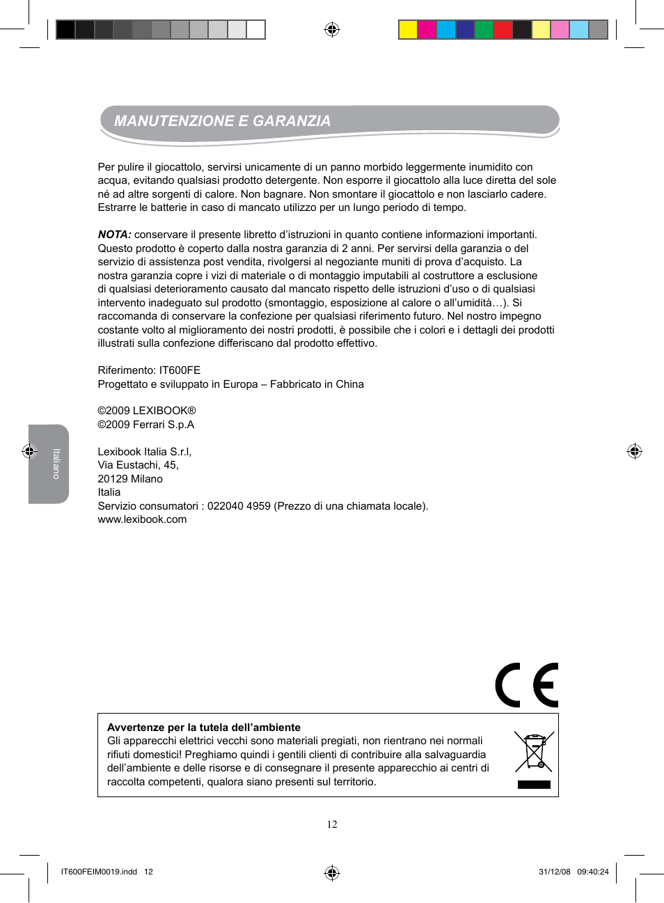 Manutenzione e garanzia | Lexibook IT600FE User Manual | Page 12 / 20