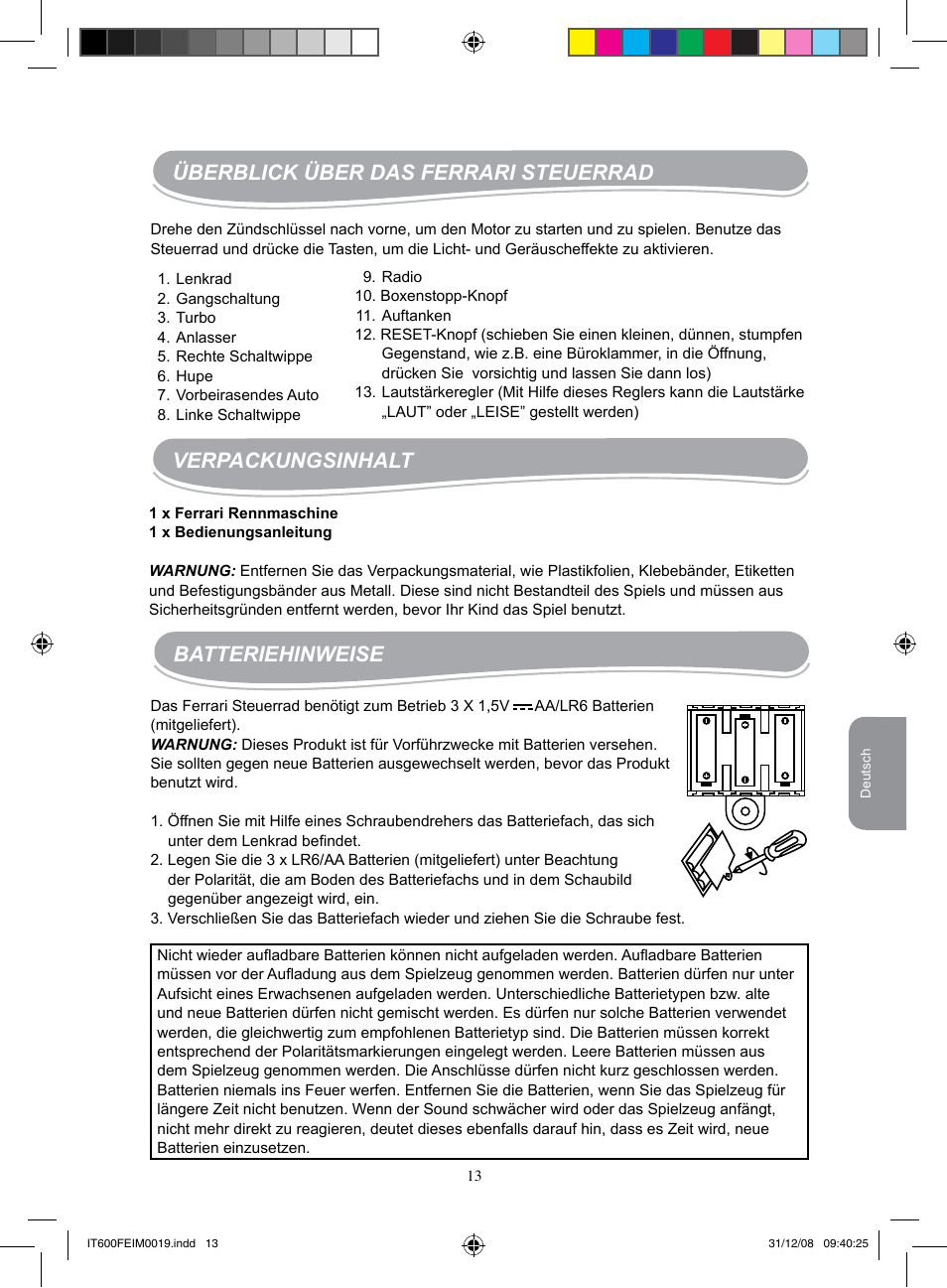 Überblick über das ferrari steuerrad, Verpackungsinhalt, Batteriehinweise | Lexibook IT600FE User Manual | Page 13 / 20