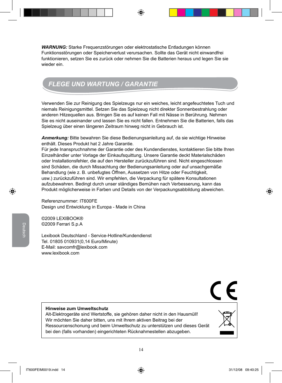 Flege und wartung / garantie | Lexibook IT600FE User Manual | Page 14 / 20