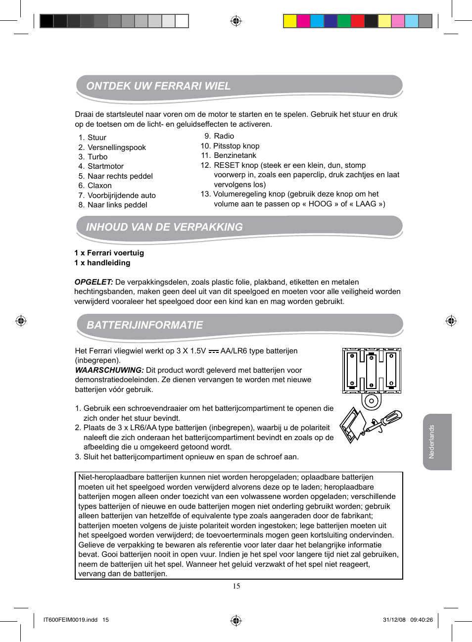 Ontdek uw ferrari wiel, Inhoud van de verpakking, Batterijinformatie | Lexibook IT600FE User Manual | Page 15 / 20