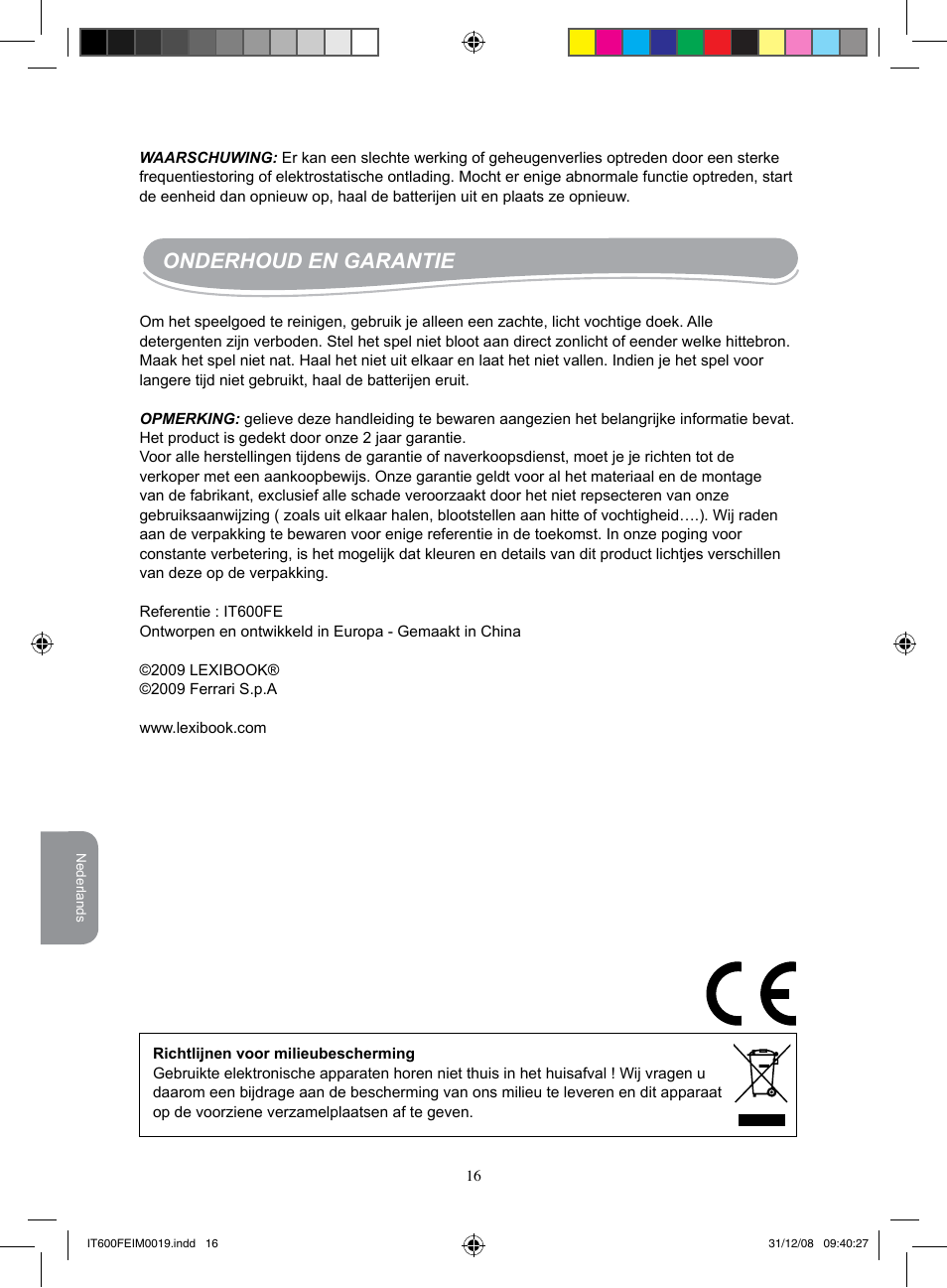 Onderhoud en garantie | Lexibook IT600FE User Manual | Page 16 / 20