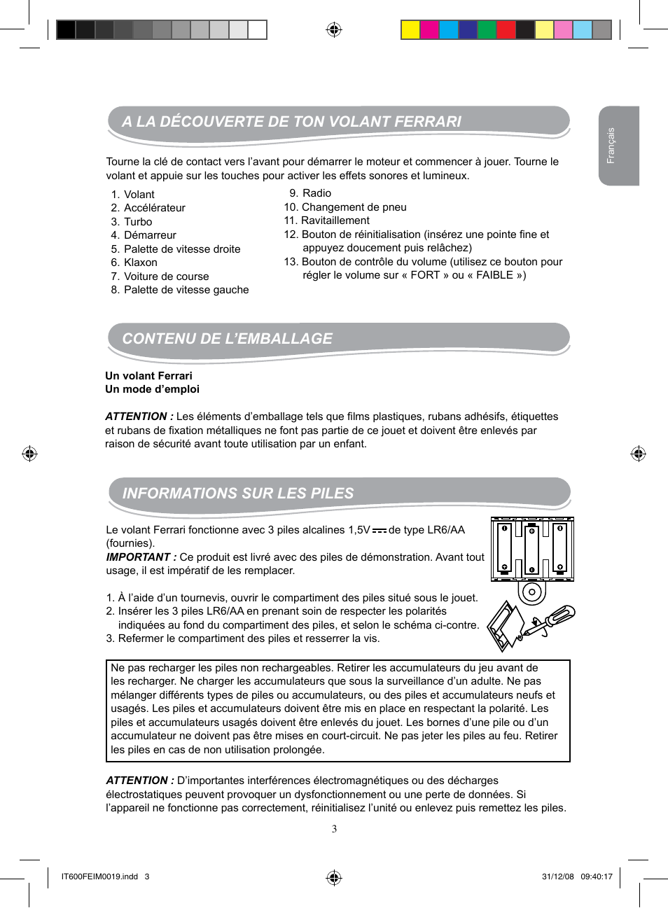 A la découverte de ton volant ferrari, Contenu de l’emballage, Informations sur les piles | Lexibook IT600FE User Manual | Page 3 / 20