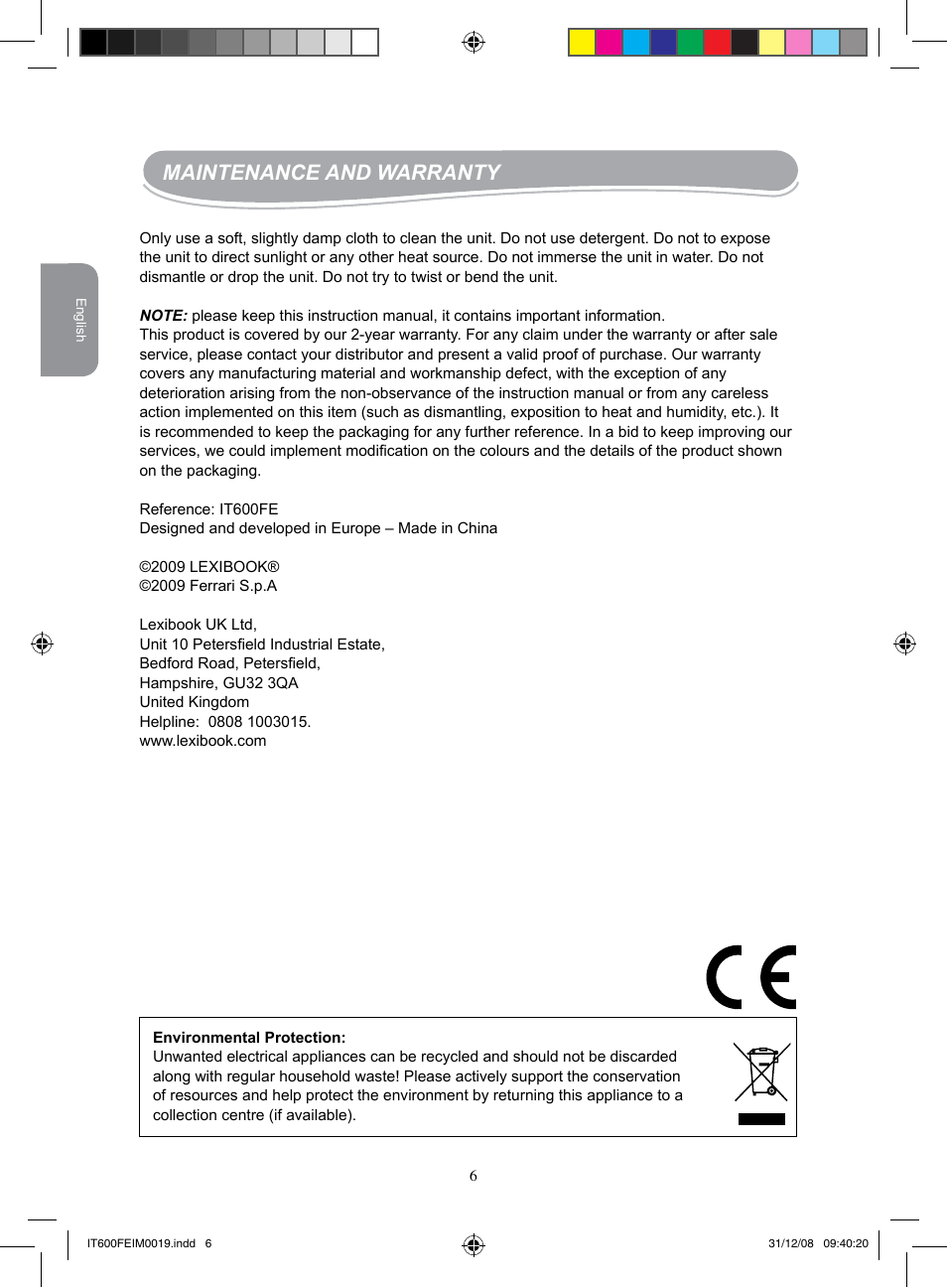 Maintenance and warranty | Lexibook IT600FE User Manual | Page 6 / 20