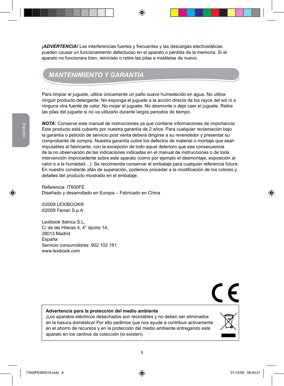 Mantenimiento y garantía | Lexibook IT600FE User Manual | Page 8 / 20