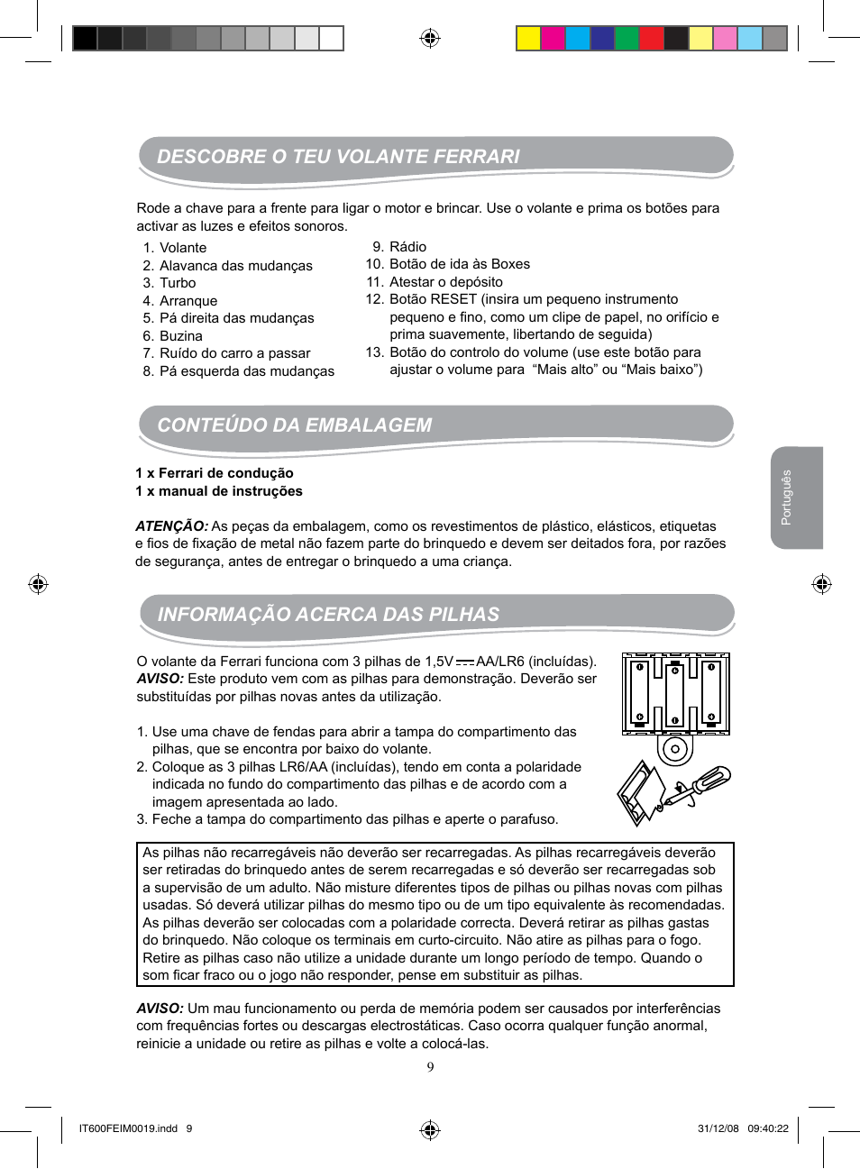 Descobre o teu volante ferrari, Conteúdo da embalagem, Informação acerca das pilhas | Lexibook IT600FE User Manual | Page 9 / 20
