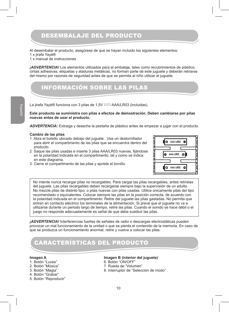 Características del producto | Lexibook MFB300 User Manual | Page 10 / 26