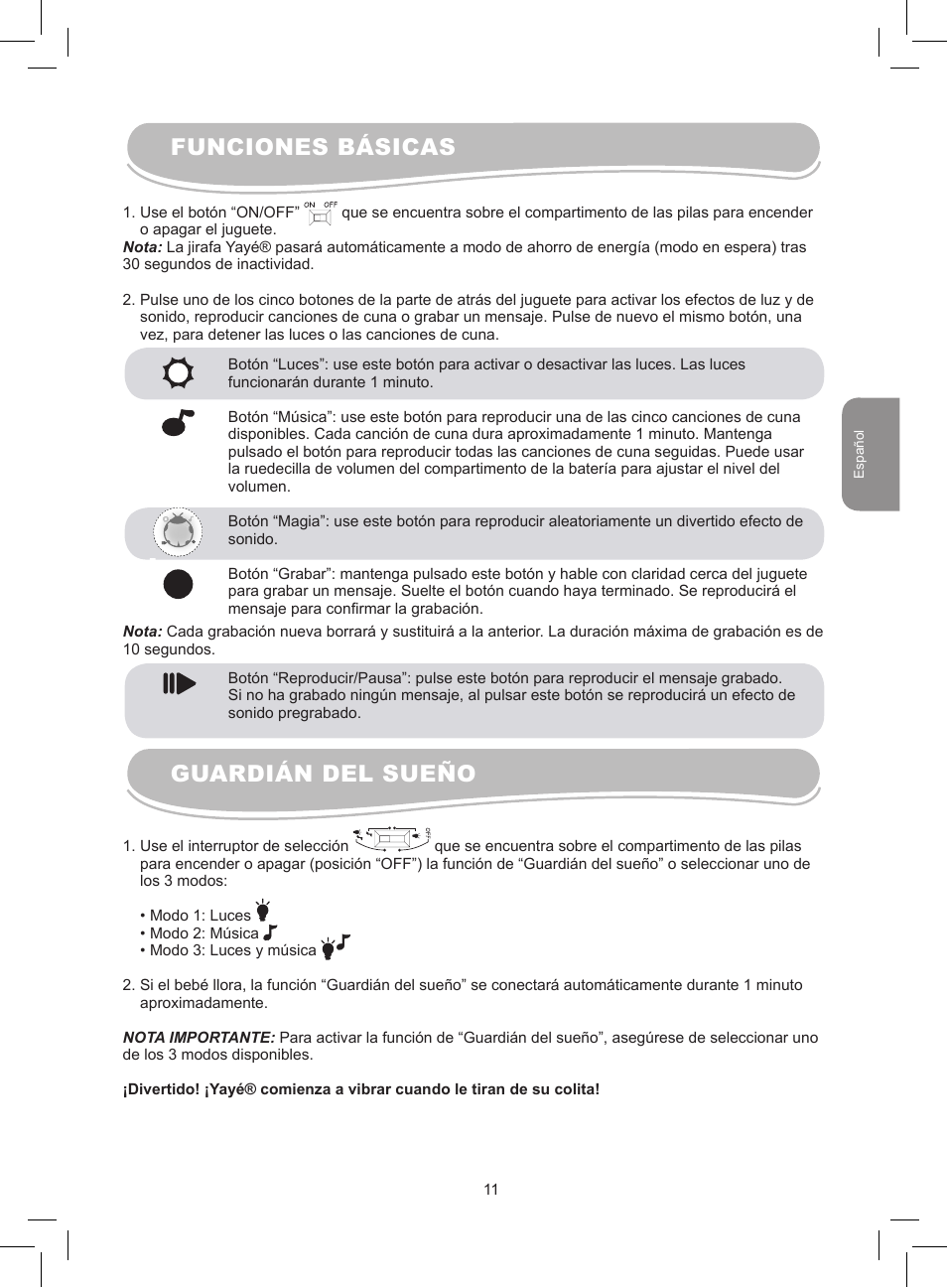 Funciones básicas guardián del sueño | Lexibook MFB300 User Manual | Page 11 / 26