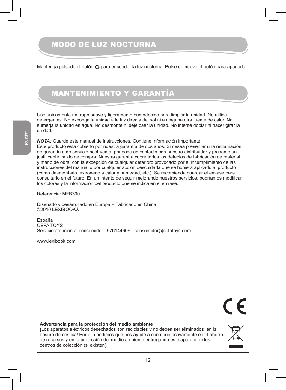 Modo de luz nocturna mantenimiento y garantía | Lexibook MFB300 User Manual | Page 12 / 26