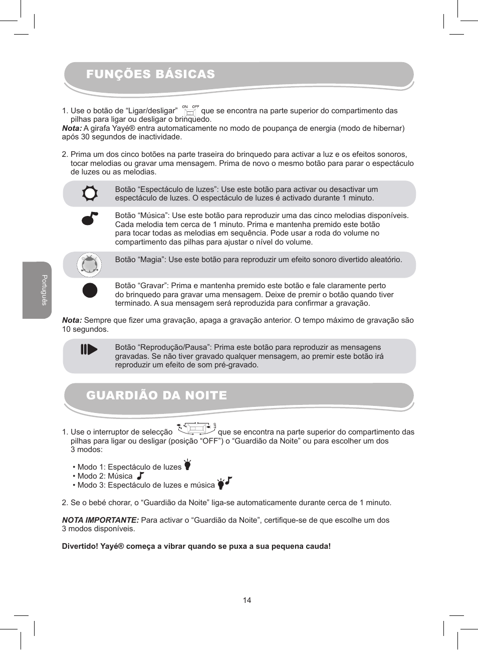 Funções básicas guardião da noite | Lexibook MFB300 User Manual | Page 14 / 26