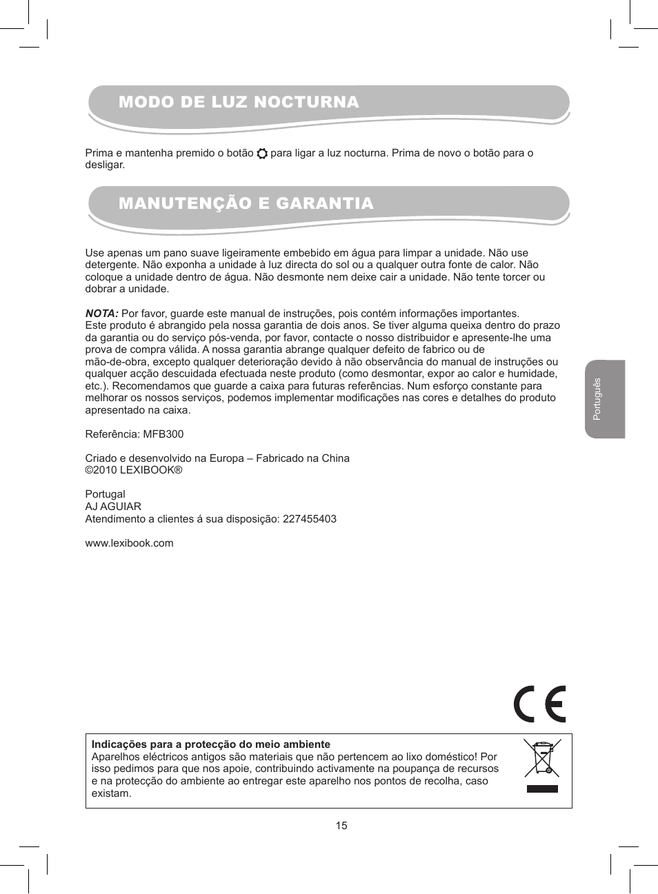 Modo de luz nocturna manutenção e garantia | Lexibook MFB300 User Manual | Page 15 / 26